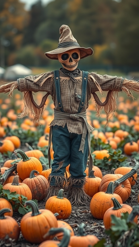 A scarecrow with a skeletal face stands among pumpkins in a field, showcasing Halloween decor.