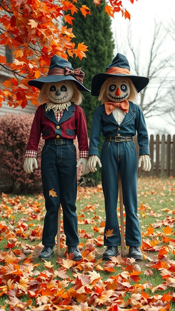 Two cheerful scarecrows in colorful outfits standing in a yard with fallen autumn leaves.