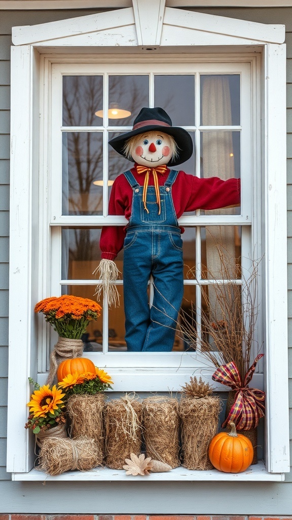 A cheerful scarecrow in a window display, surrounded by pumpkins, sunflowers, and hay bales.