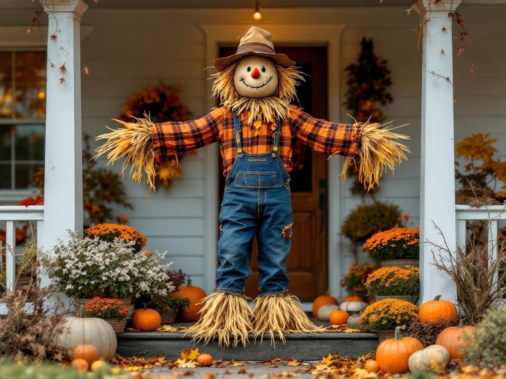 A cheerful scarecrow on a porch surrounded by pumpkins and flowers, creating a festive Thanksgiving atmosphere.