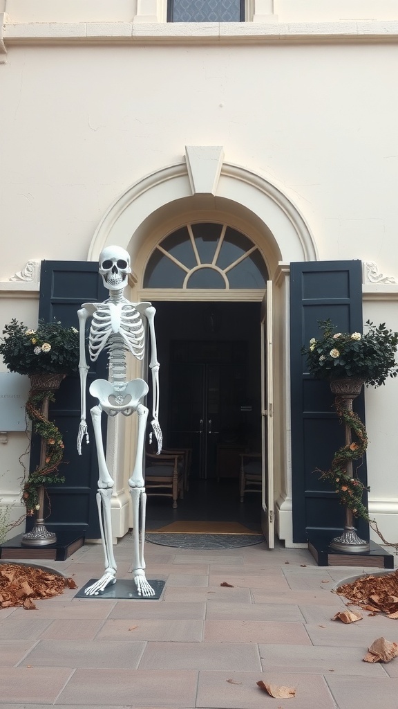 A tall skeleton stands at a door, flanked by decorative plants, with fallen leaves around.