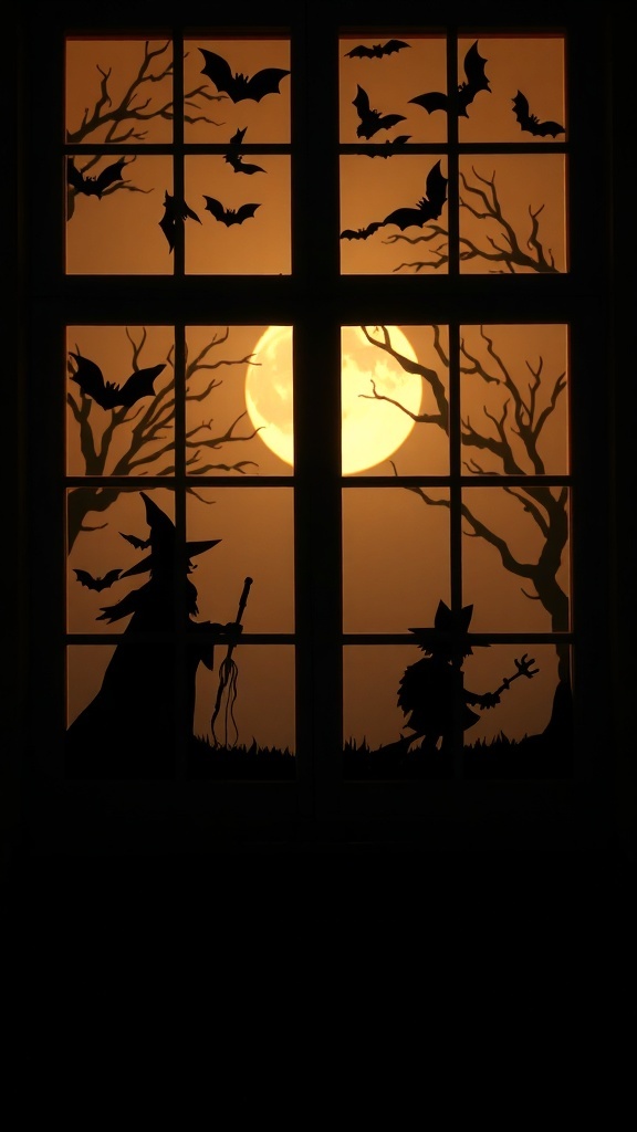 A window with scary silhouettes of a witch and a scarecrow against a full moon, surrounded by bats.