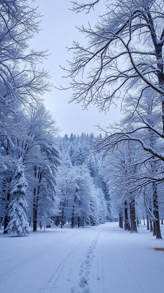 A snowy winter landscape with trees covered in snow and a path through the woods.