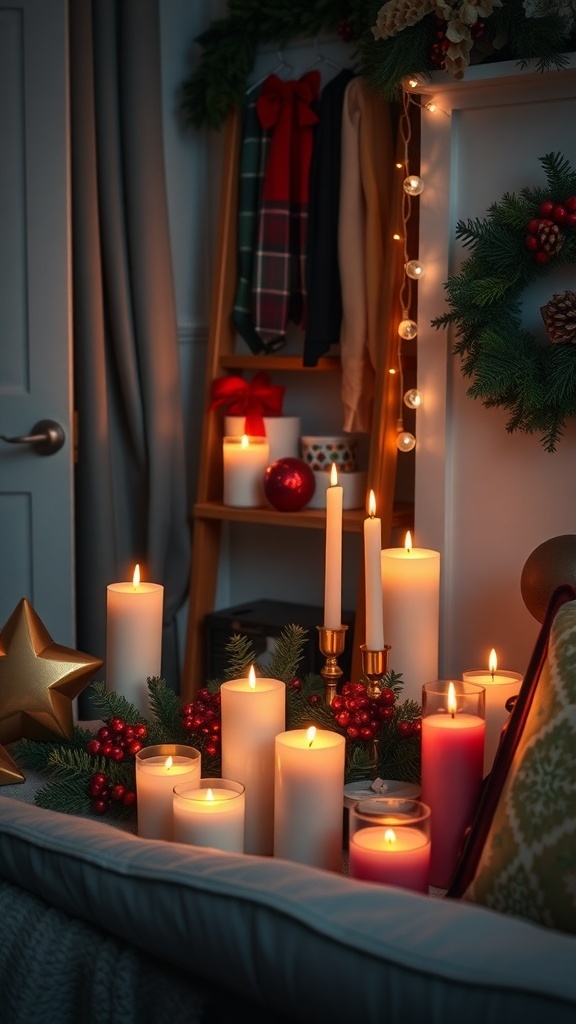 A cozy arrangement of scented candles surrounded by festive decorations in a small apartment setting.