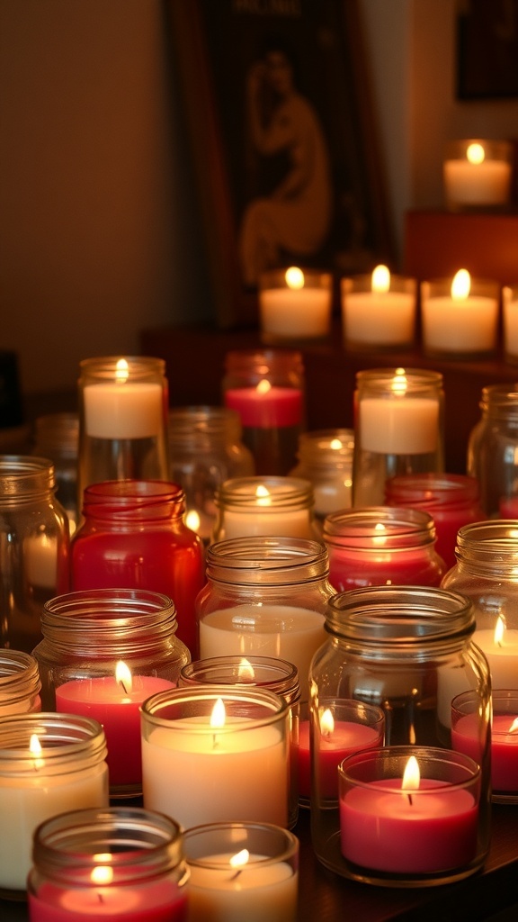 A collection of various scented candles in jars, some lit, creating a warm and inviting atmosphere.