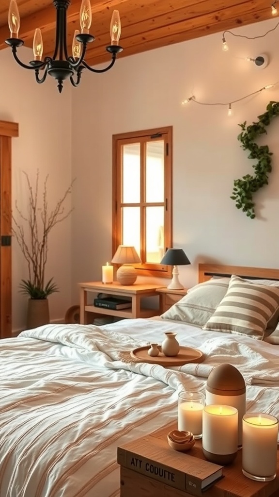 A cozy rustic bedroom featuring a bed with soft linens, a wooden bedside table with scented candles, and warm lighting.