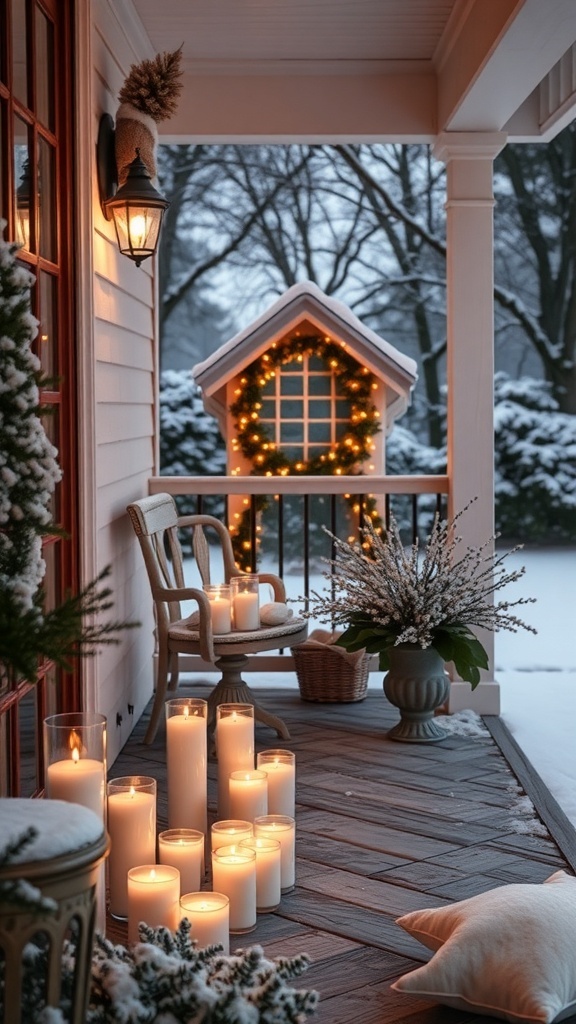 A winter porch decorated with candles and festive lights.