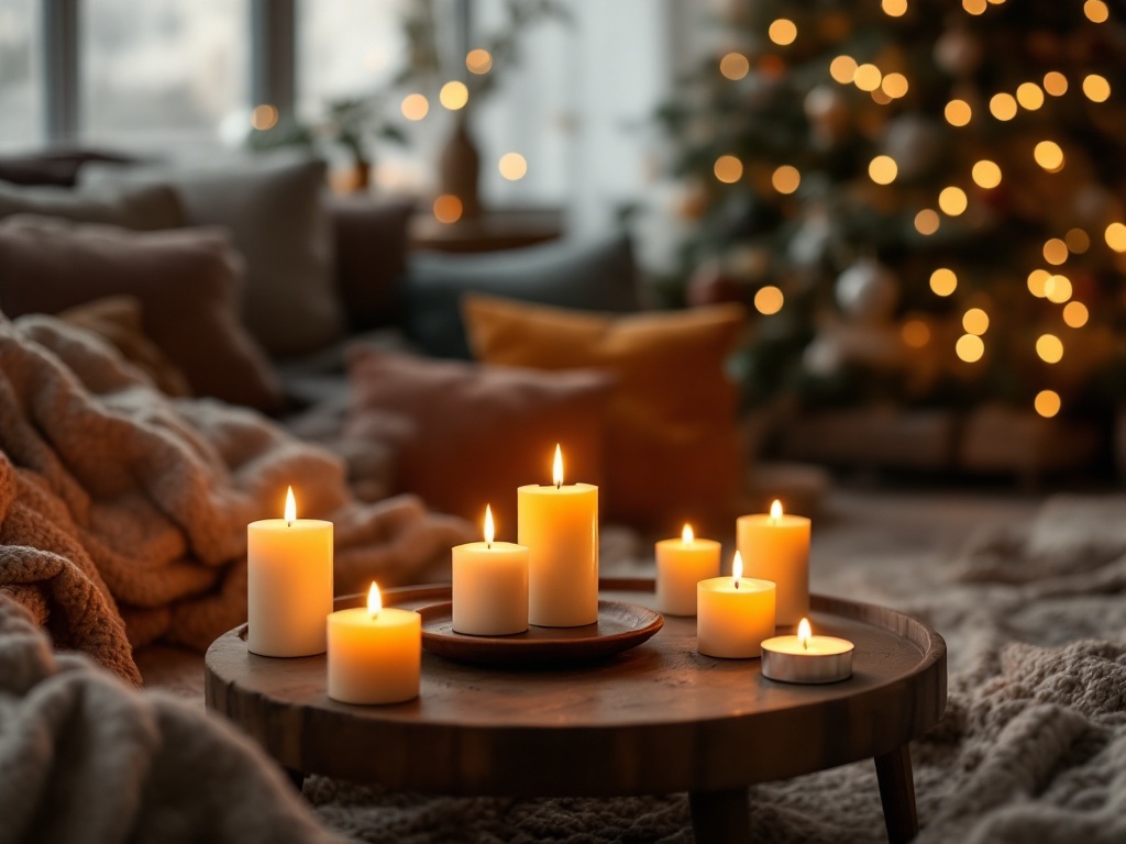 A cozy living room scene with lit candles on a wooden table, surrounded by soft blankets and colorful pillows, with a Christmas tree in the background.