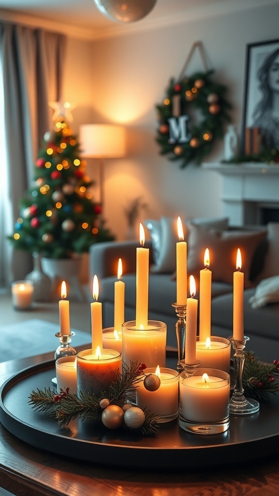 A cozy living room decorated for Christmas with lit candles and a Christmas tree.