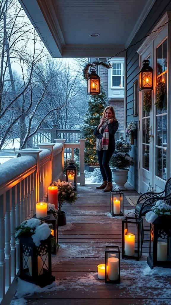 A winter front porch decorated with lanterns and candles, creating a warm and inviting atmosphere.