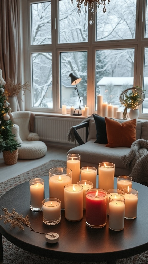 A cozy winter room with various scented candles lit on a table, creating a warm atmosphere.