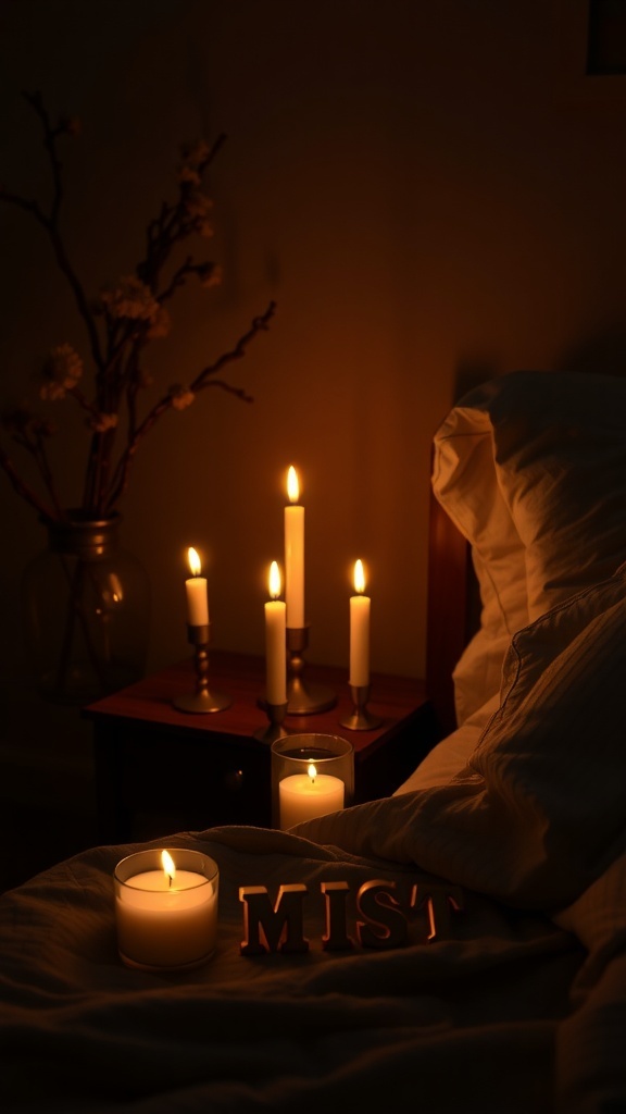Cozy bedroom with scented candles and soft bedding