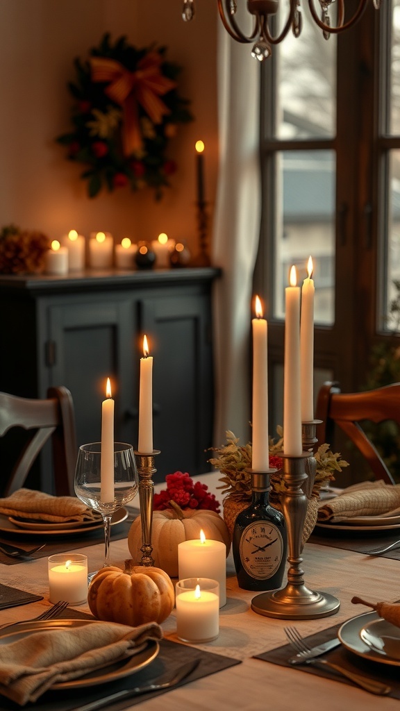 A fall dining table decorated with candles, pumpkins, and autumn decor.