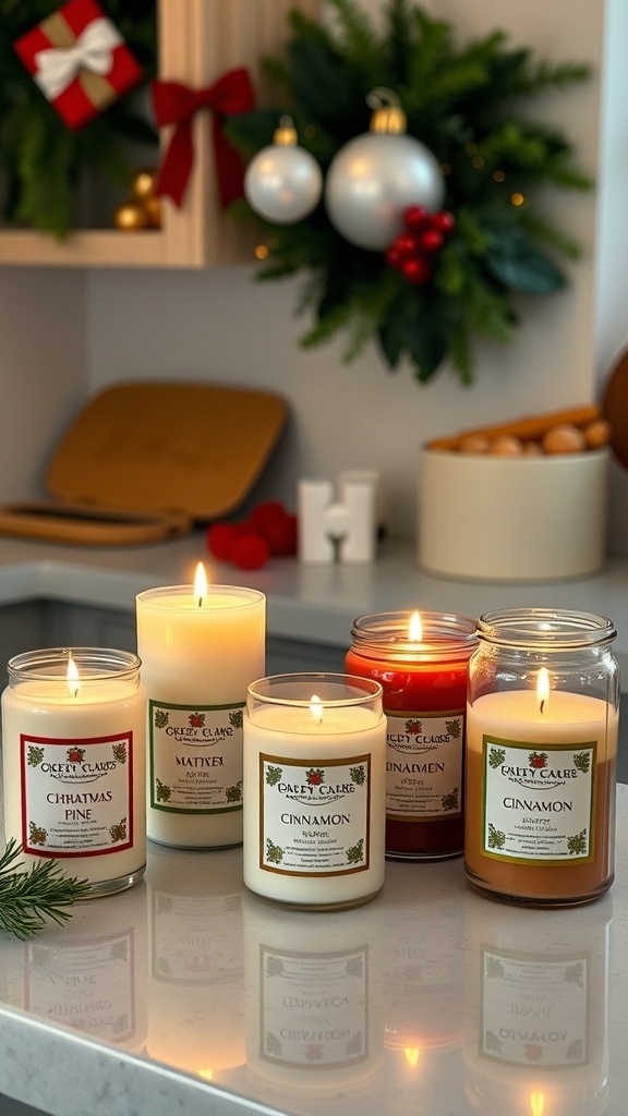 A collection of scented candles in a festive kitchen setting, featuring scents like Christmas Pine and Cinnamon.