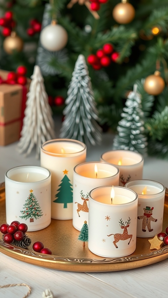 A collection of festive scented candles with Christmas designs, surrounded by holiday decorations.