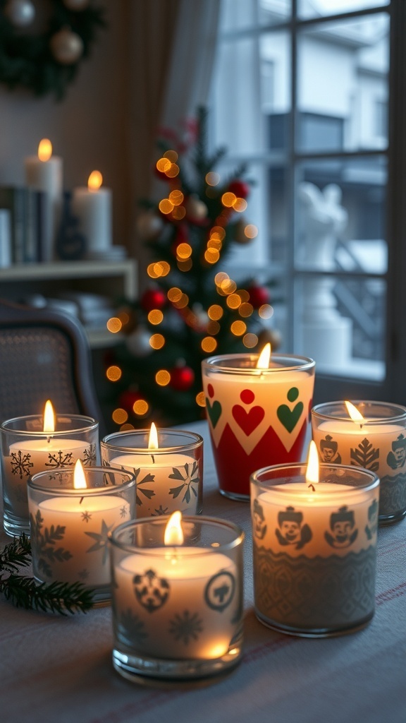 A collection of lit scented candles with festive designs, creating a warm atmosphere.