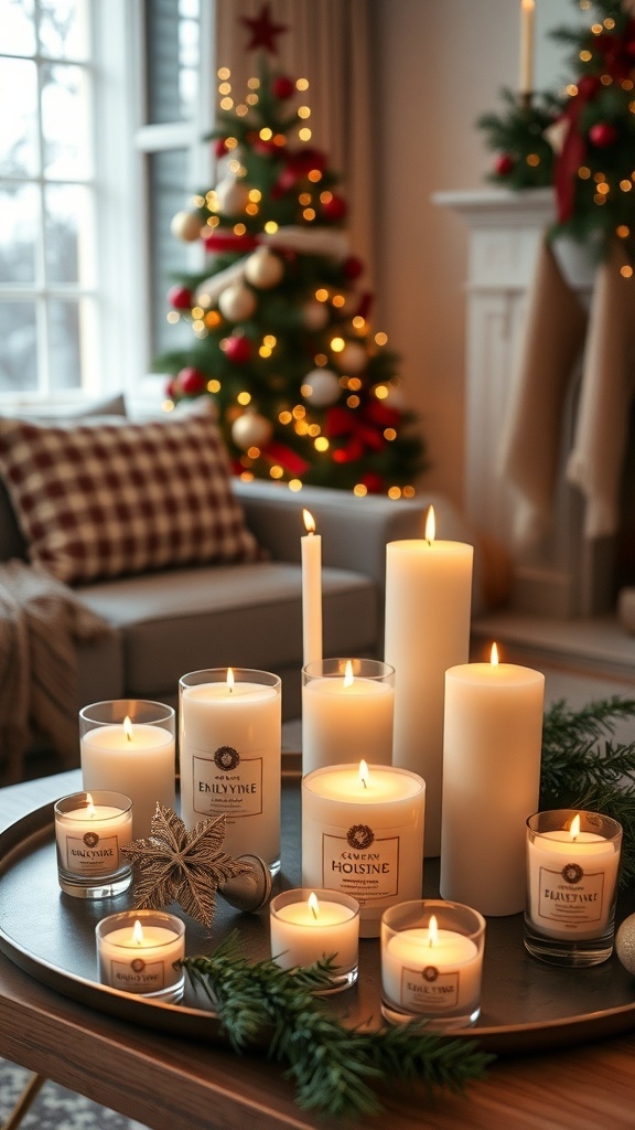 A collection of scented candles on a tray, surrounded by holiday decor and a Christmas tree.