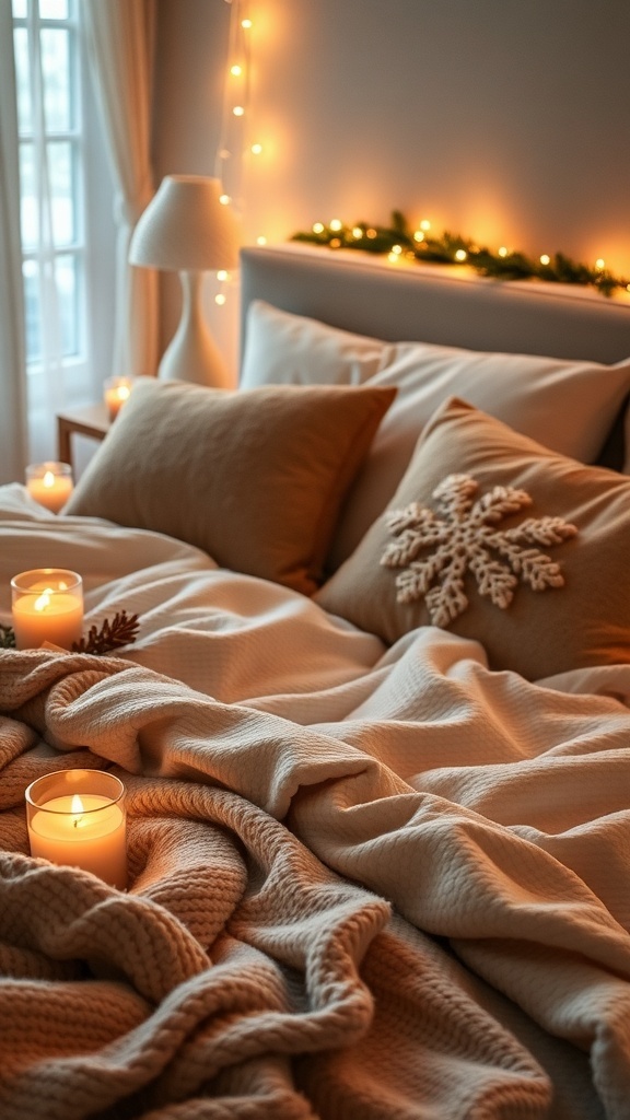 A cozy winter bedroom with scented candles and a small Christmas tree.