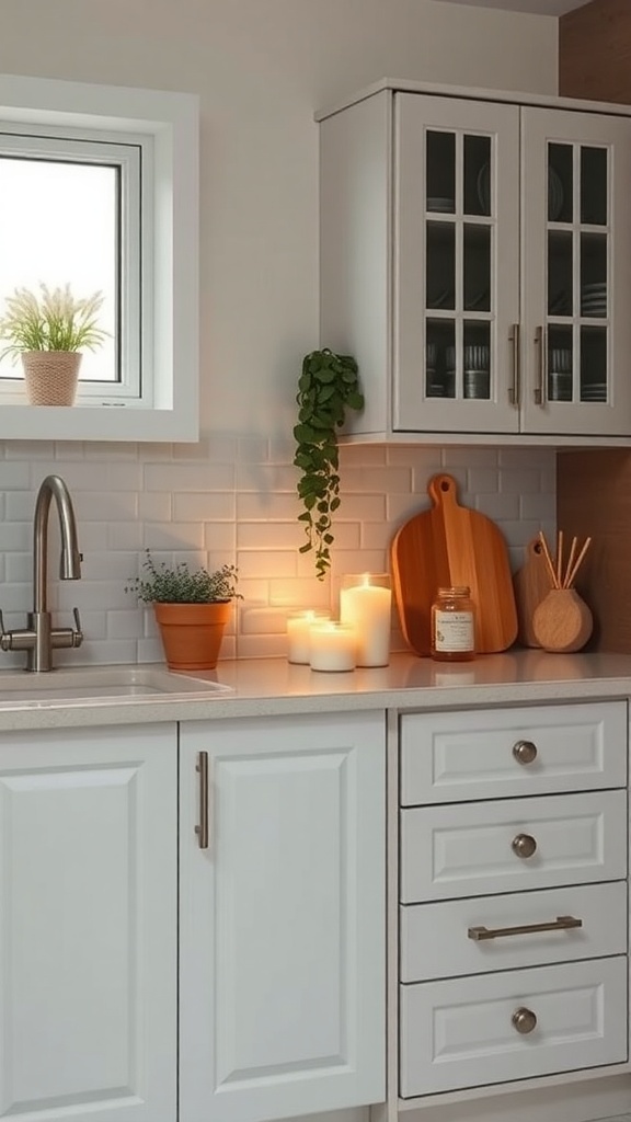 A cozy kitchen with glowing scented candles on the countertop, surrounded by plants and wooden utensils.