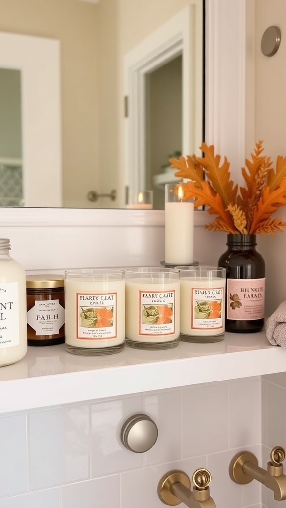 A collection of scented candles on a bathroom shelf, featuring autumn-themed decor.