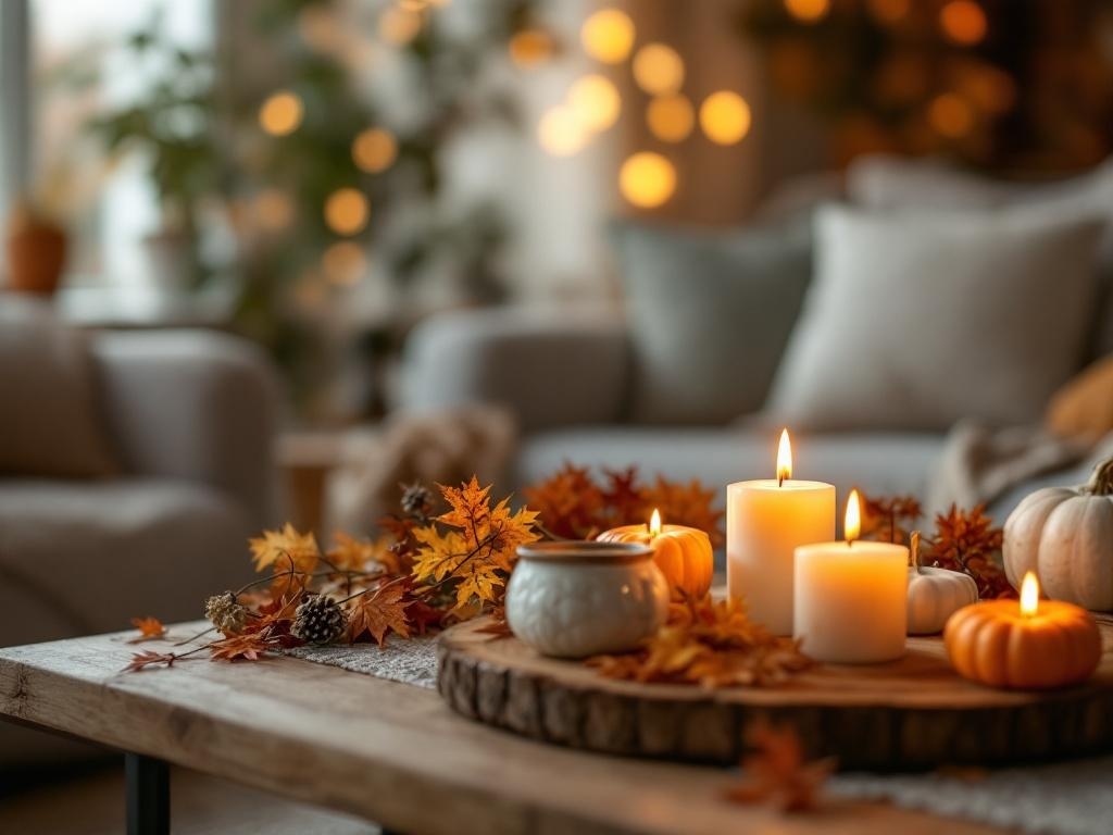 A cozy Thanksgiving setup with scented candles, autumn leaves, and small pumpkins on a wooden table.