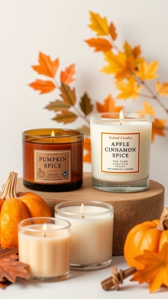 A cozy display of scented candles for fall, featuring Pumpkin Spice and Apple Cinnamon Spice, surrounded by autumn leaves and small pumpkins.