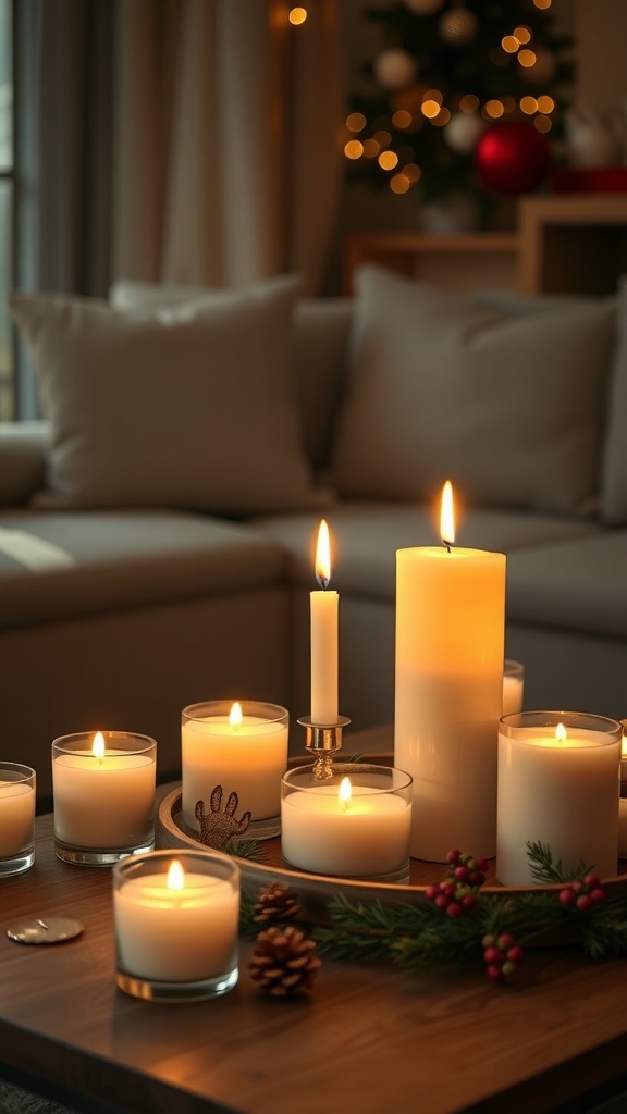 A cozy living room decorated for Christmas with scented candles on a table.