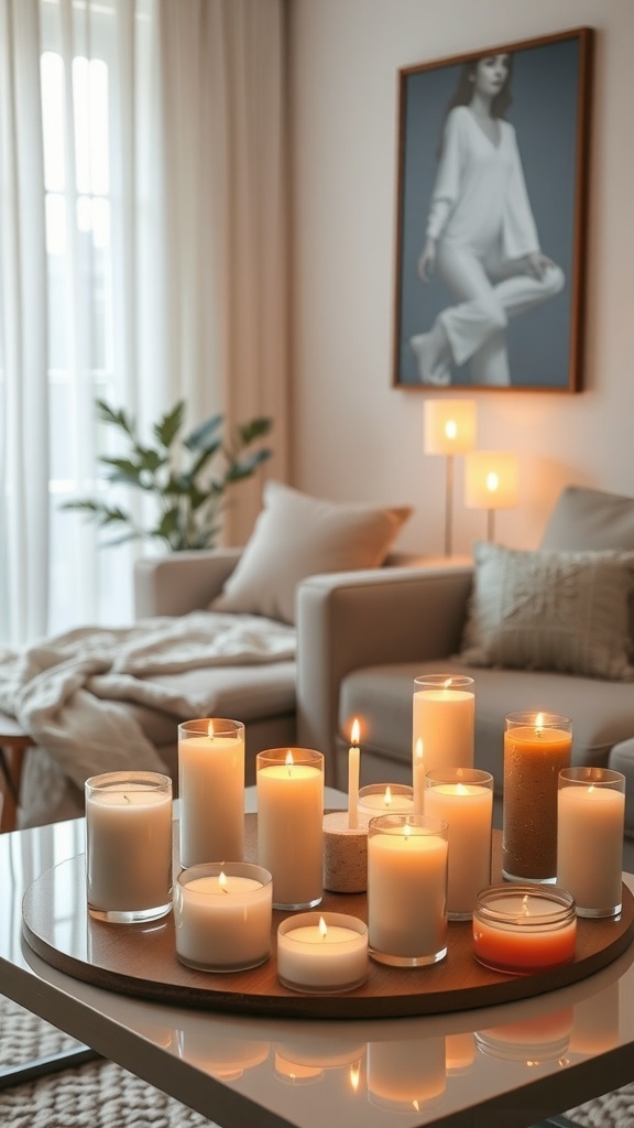 A cozy living room with various scented candles on a table, creating a warm atmosphere.