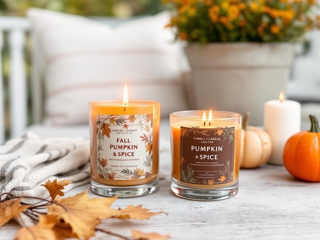 Two scented candles labeled 'Fall Pumpkin & Spice' and 'Pumpkin & Spice' on a table with autumn leaves and small pumpkins.