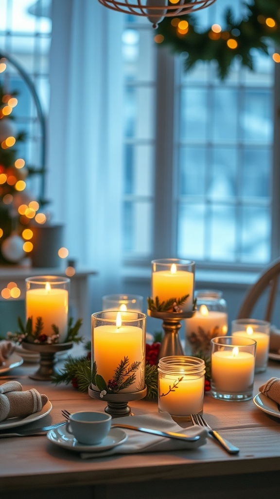 A cozy Christmas table setting with scented candles and festive decor.