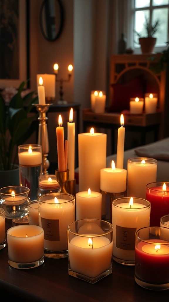 A collection of lit scented candles in a cozy indoor setting.