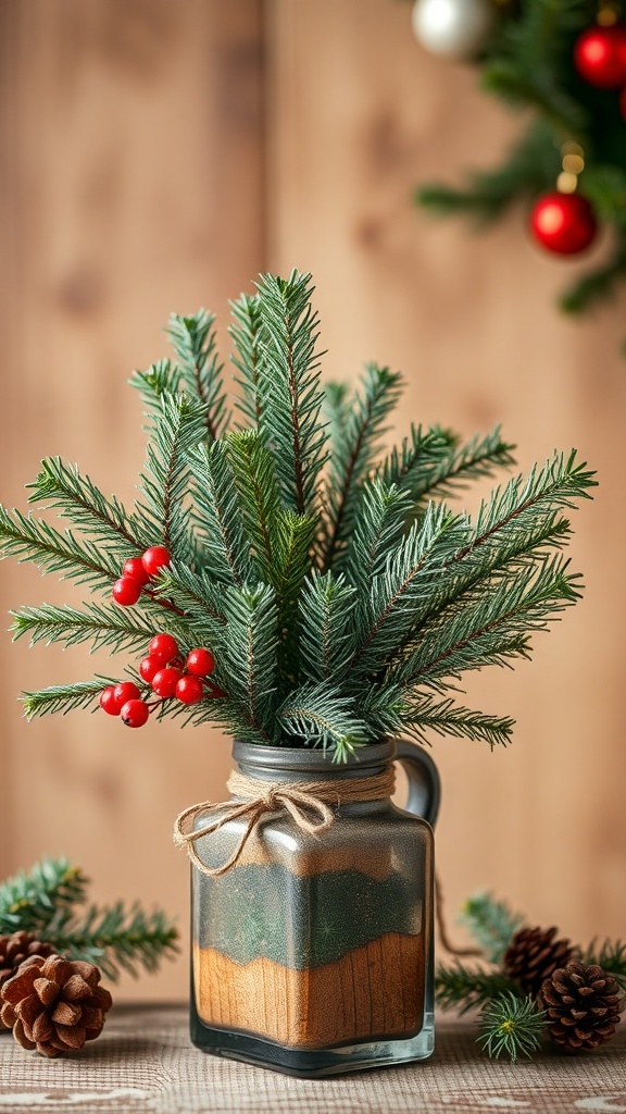 A rustic jar filled with cedar and pine branches, decorated with red berries and pine cones.