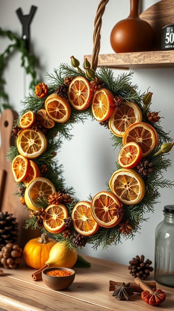 A winter wreath featuring dried citrus slices, pinecones, and spices, showcasing a warm and festive design.