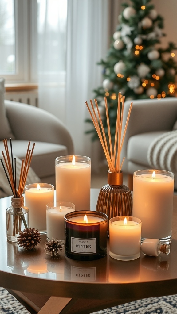 A cozy winter home decor scene featuring various candles and a reed diffuser on a table, with a Christmas tree in the background.