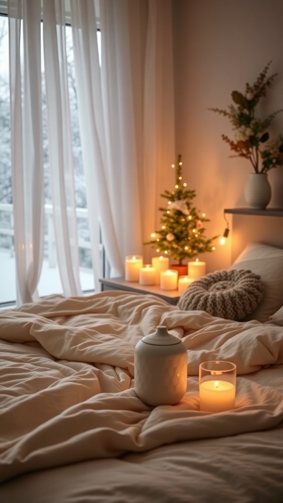 A cozy winter bedroom with candles and a small decorated tree.