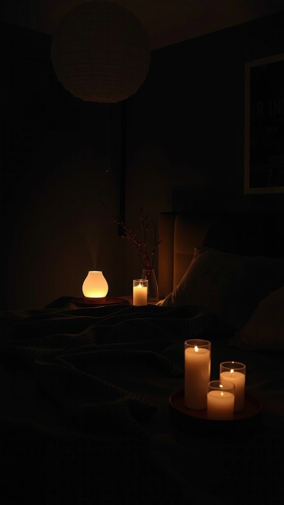 Cozy dark bedroom with candles and soft lighting