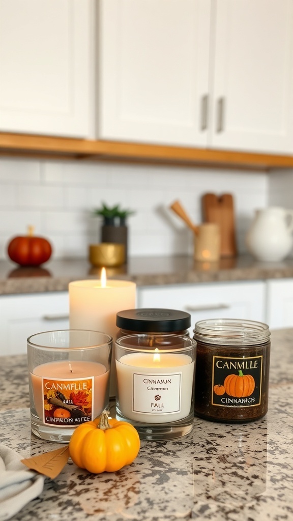 A cozy kitchen scene featuring fall-themed scented candles on a countertop, with a small pumpkin and warm lighting.