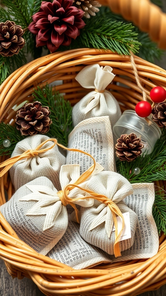 A basket filled with scented herbal sachets, pine cones, and festive decorations.