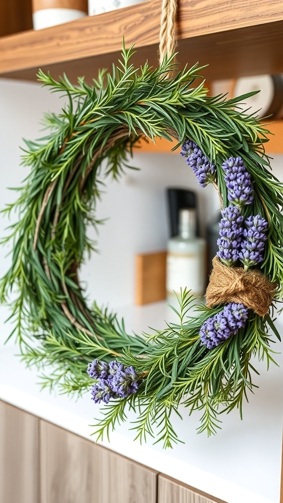 A circular herbal wreath made of rosemary and lavender, hanging on a wooden shelf.