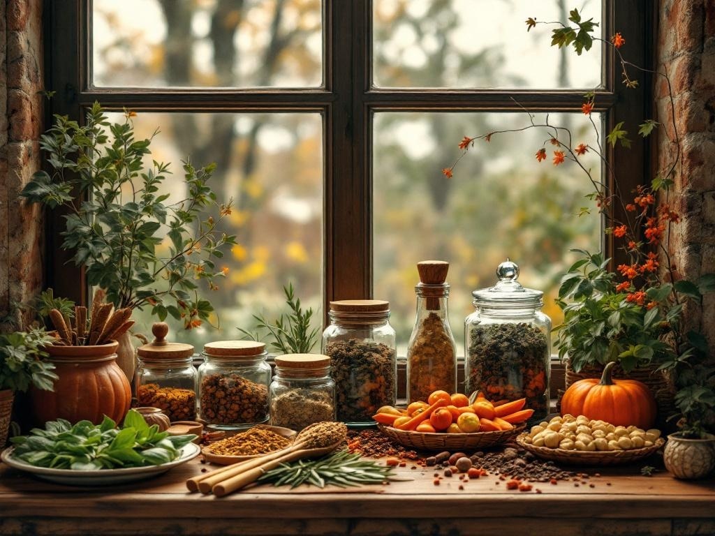 A cozy window display featuring jars of herbs and spices, fresh greenery, and a small pumpkin, evoking the spirit of Thanksgiving.