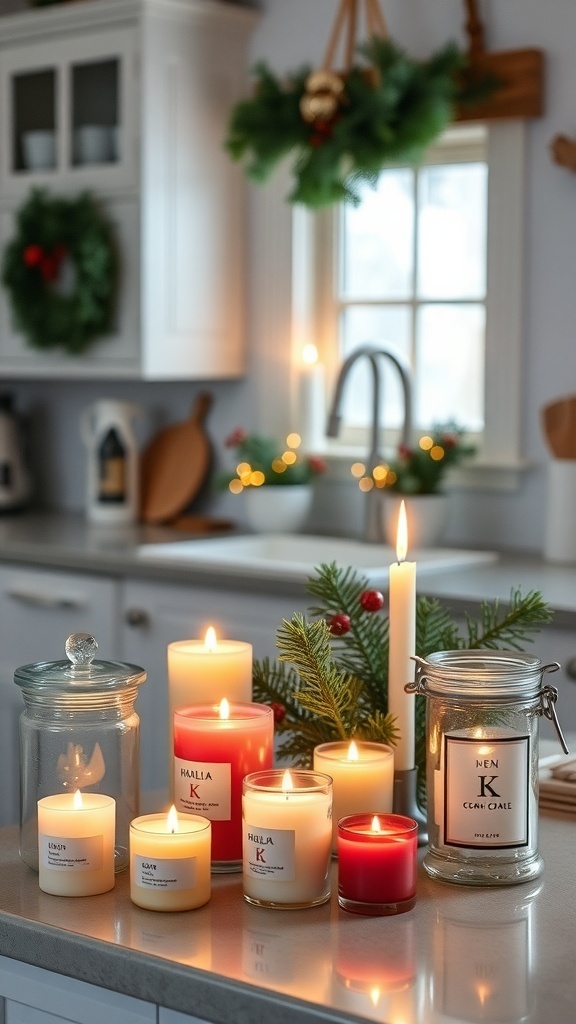 A collection of scented candles on a kitchen counter, surrounded by festive decorations.