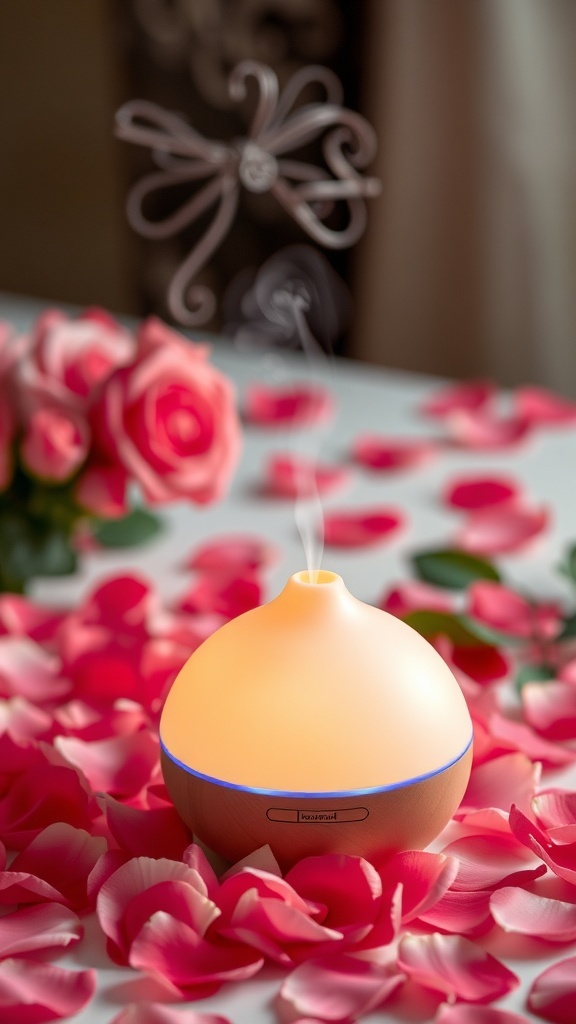 A diffuser releasing steam surrounded by rose petals and an essential oil bottle.