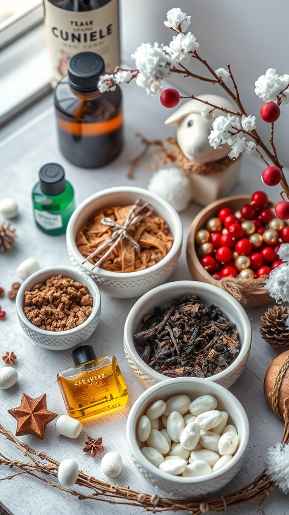 A collection of scented oils and potpourri ingredients arranged on a table, creating a cozy winter aesthetic.