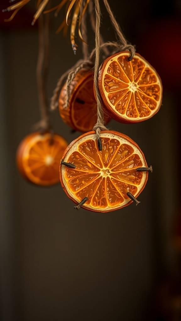 Dried orange slices with cloves hanging as decorations