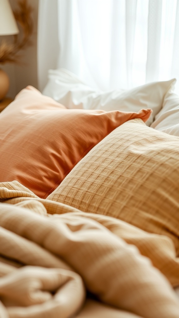 Cozy fall bedding with soft pillows in warm tones