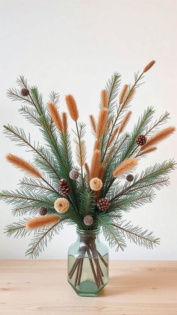 A decorative arrangement of pine and cedar branches in a glass vase.