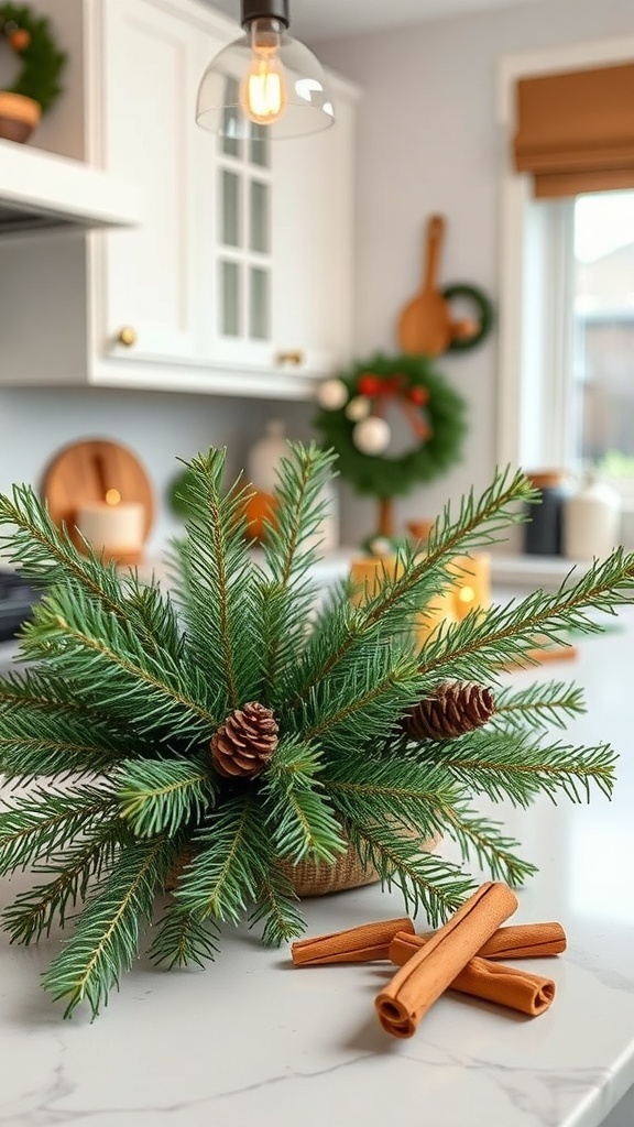 A cozy winter scene featuring pine branches and cinnamon sticks on a kitchen counter.