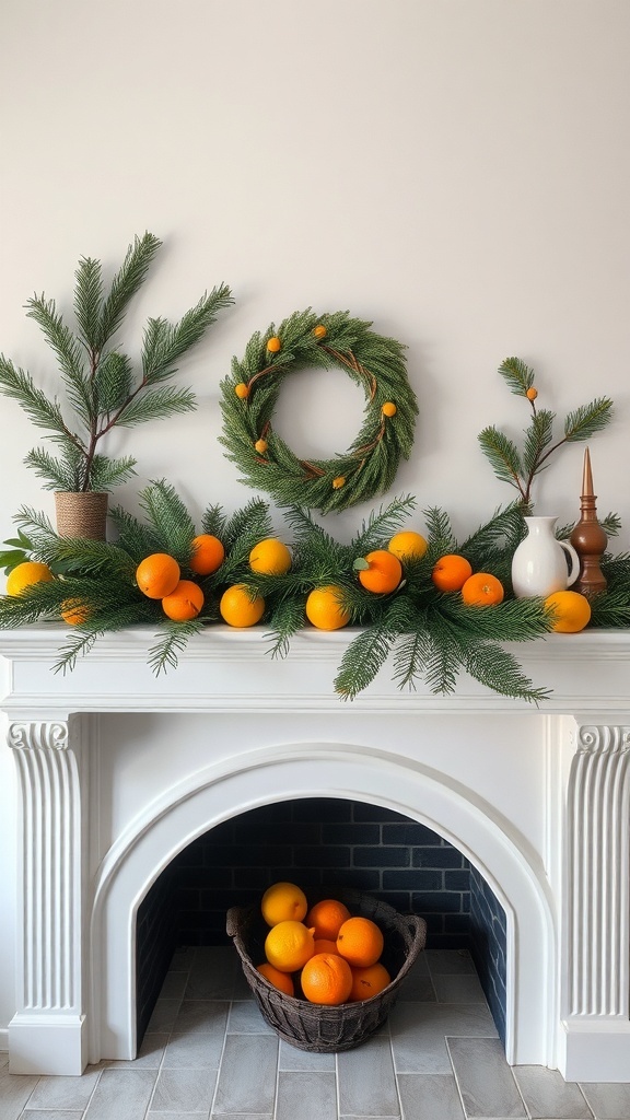 A mantel decorated with pine branches and oranges, featuring a wreath and a basket of oranges.