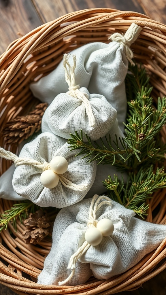 A basket filled with white fabric sachets tied with twine, surrounded by pine sprigs and pinecones.
