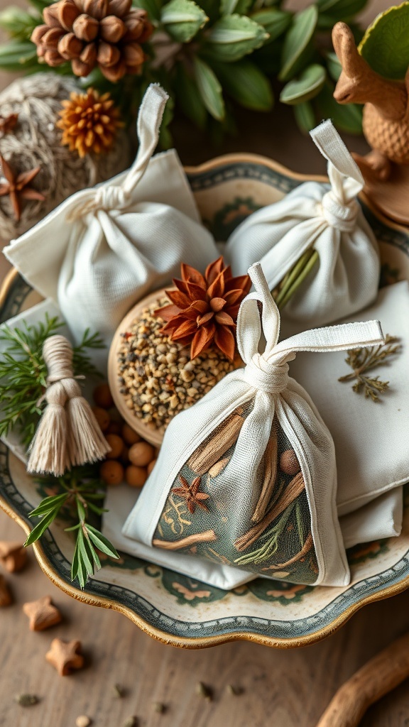 A collection of scented sachets made with autumn herbs and spices, displayed on a decorative plate.